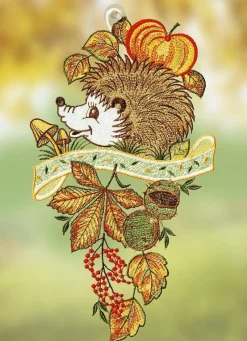 Sale PLAUENER SPITZE Fensterbild Herbst-Igel aus echter HERBSTIGEL