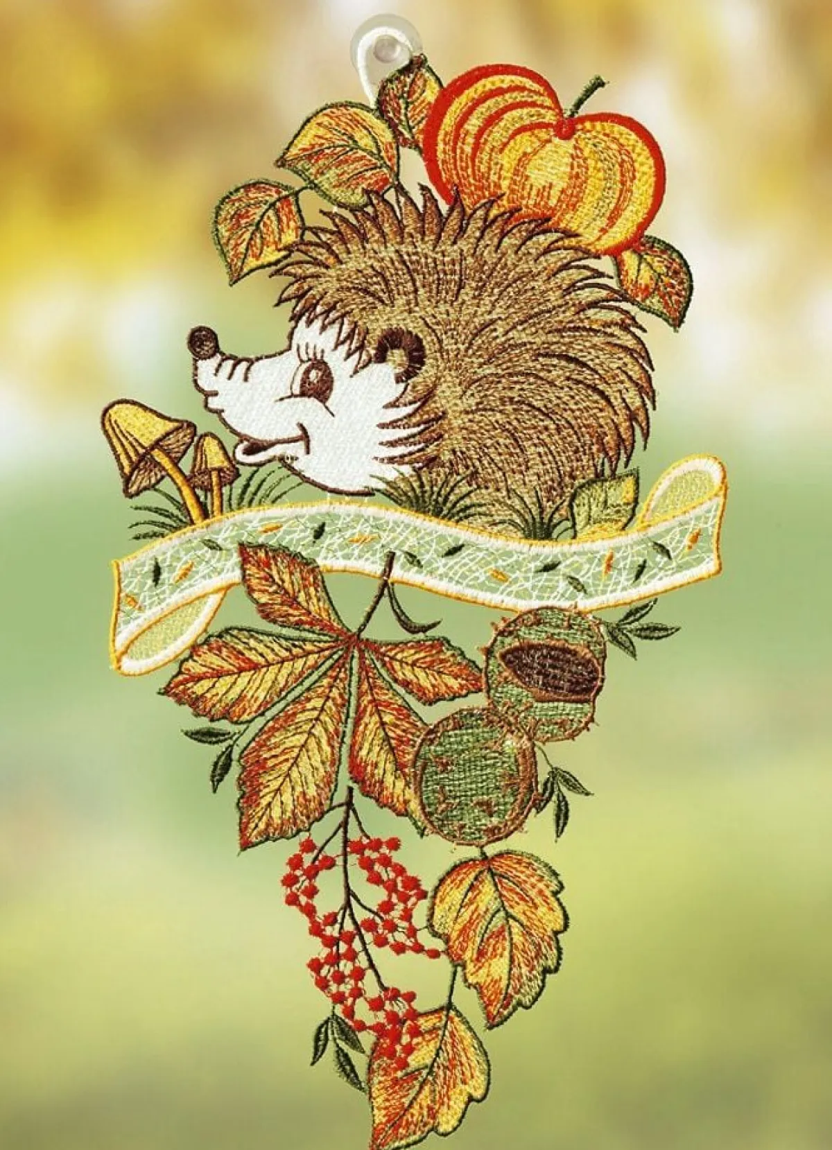 Sale PLAUENER SPITZE Fensterbild Herbst-Igel aus echter HERBSTIGEL