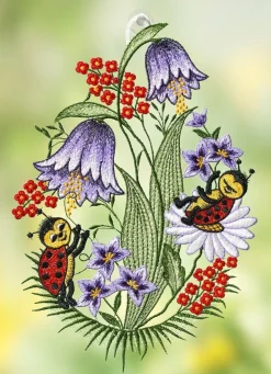 New PLAUENER SPITZE Fensterbild Marienkäfer aus GRÜN-BUNT