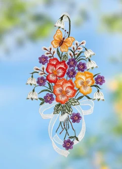 Best PLAUENER SPITZE Fensterbild mit Blumen-Motiv BUNT