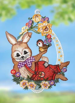 Best PLAUENER SPITZE Fensterbild mit Osterhasen-Motiv BUNT