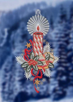 Online PLAUENER SPITZE Fensterbild mit Weihnachtsgesteck-Motiv BUNT