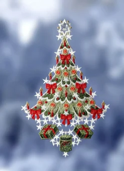 Best PLAUENER SPITZE Fensterbild Weihnachtsbaum aus echter GRÜN-ROT