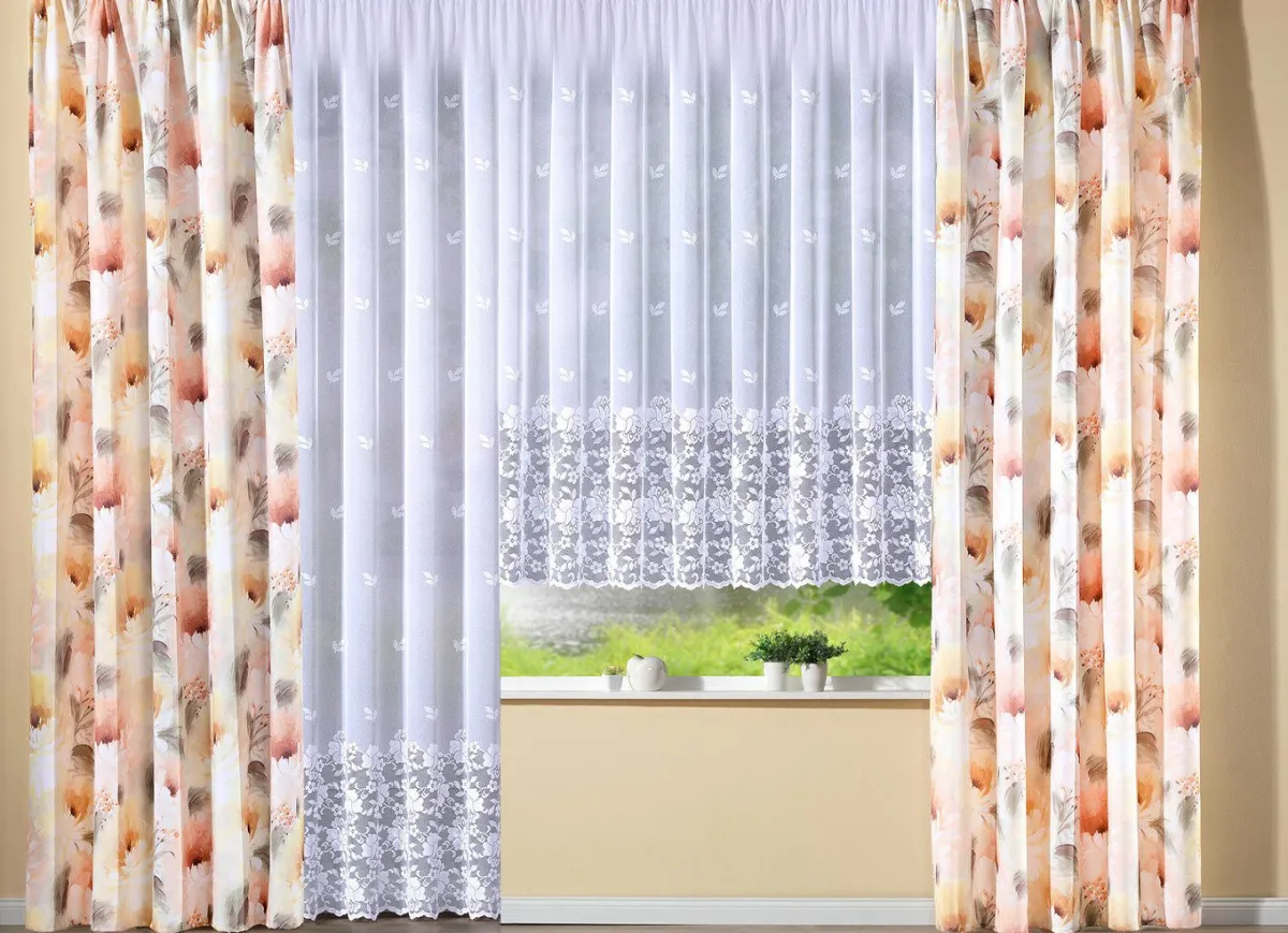 Clearance BADER Filigraner Blumenfenster-Store mit Automatikfaltenband 1:3 WEISS
