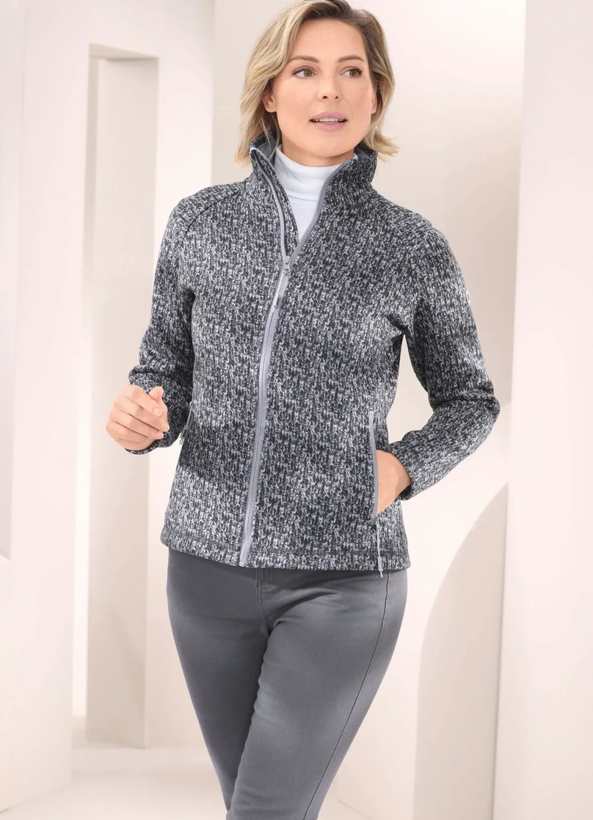 Discount BADER Fleecejacke in Strickoptik SCHWARZ-GRAU