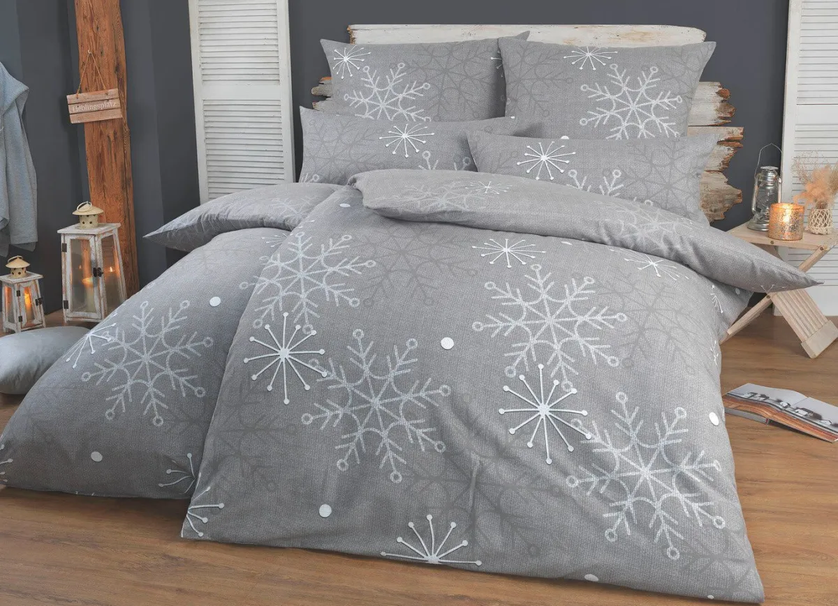 New FLORELLA Bettwäsche-Garnitur mit Schneeflocken und Eiskristallen GRAU