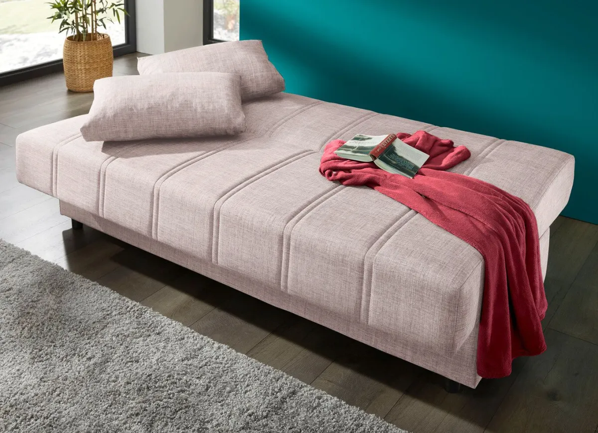 New BADER Frei im Raum aufstellbares Schlafsofa mit Dekokissen und Bettkasten CREME