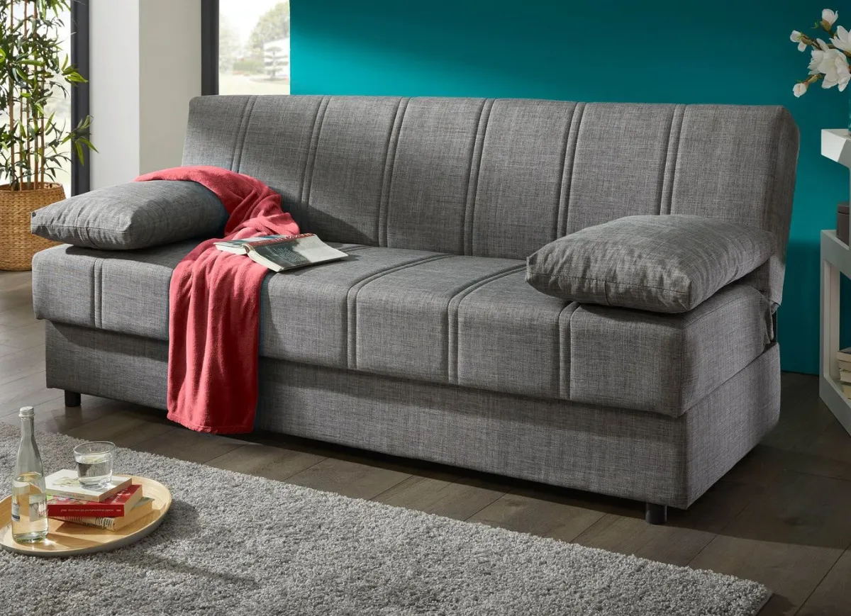Sale BADER Frei im Raum aufstellbares Schlafsofa mit Dekokissen und Bettkasten GRAU