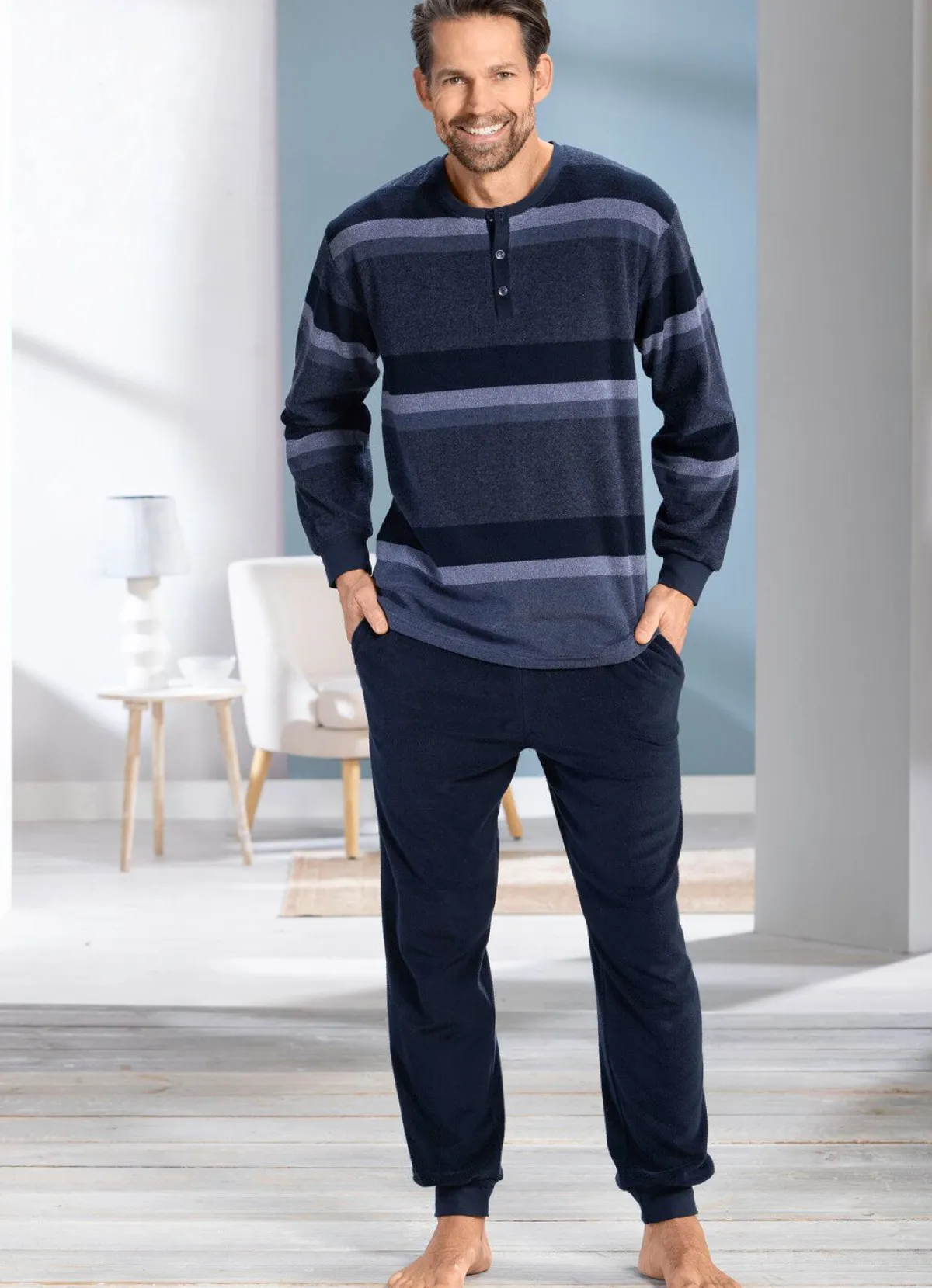 Best BADER Frottier-Schlafanzug mit Knopfleiste JEANSBLAU-MARINE
