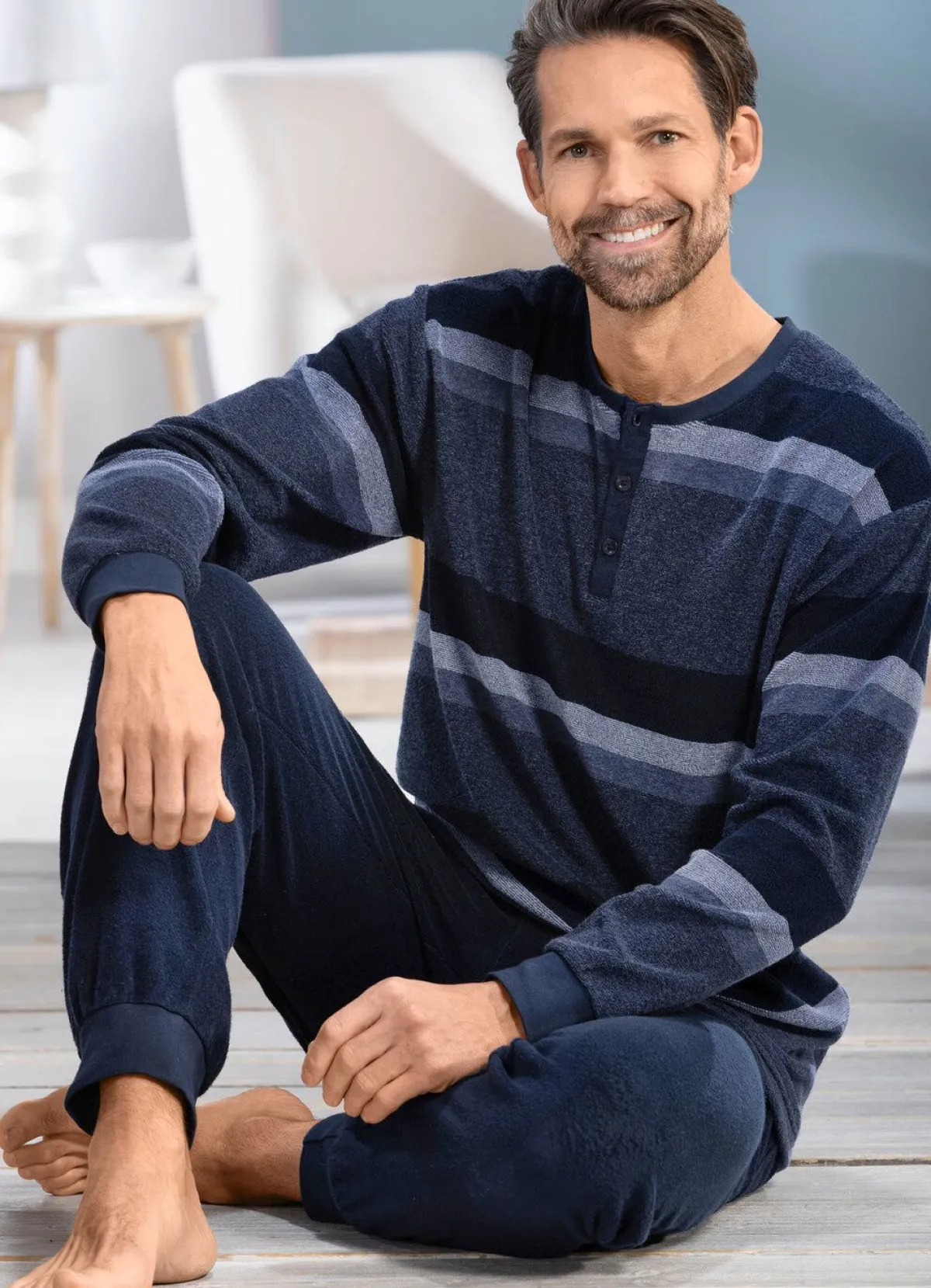 Best BADER Frottier-Schlafanzug mit Knopfleiste JEANSBLAU-MARINE