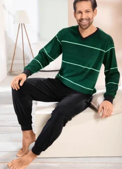 Sale BADER Frottier-Schlafanzug mit V-Ausschnitt und Bündchenabschlüssen TANNENGRÜN-MINT-SCHWARZ