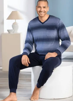Hot BADER Frottier-Schlafanzug mit V-Ausschnitt und Bündchenabschlüssen JEANSBLAU-MARINE