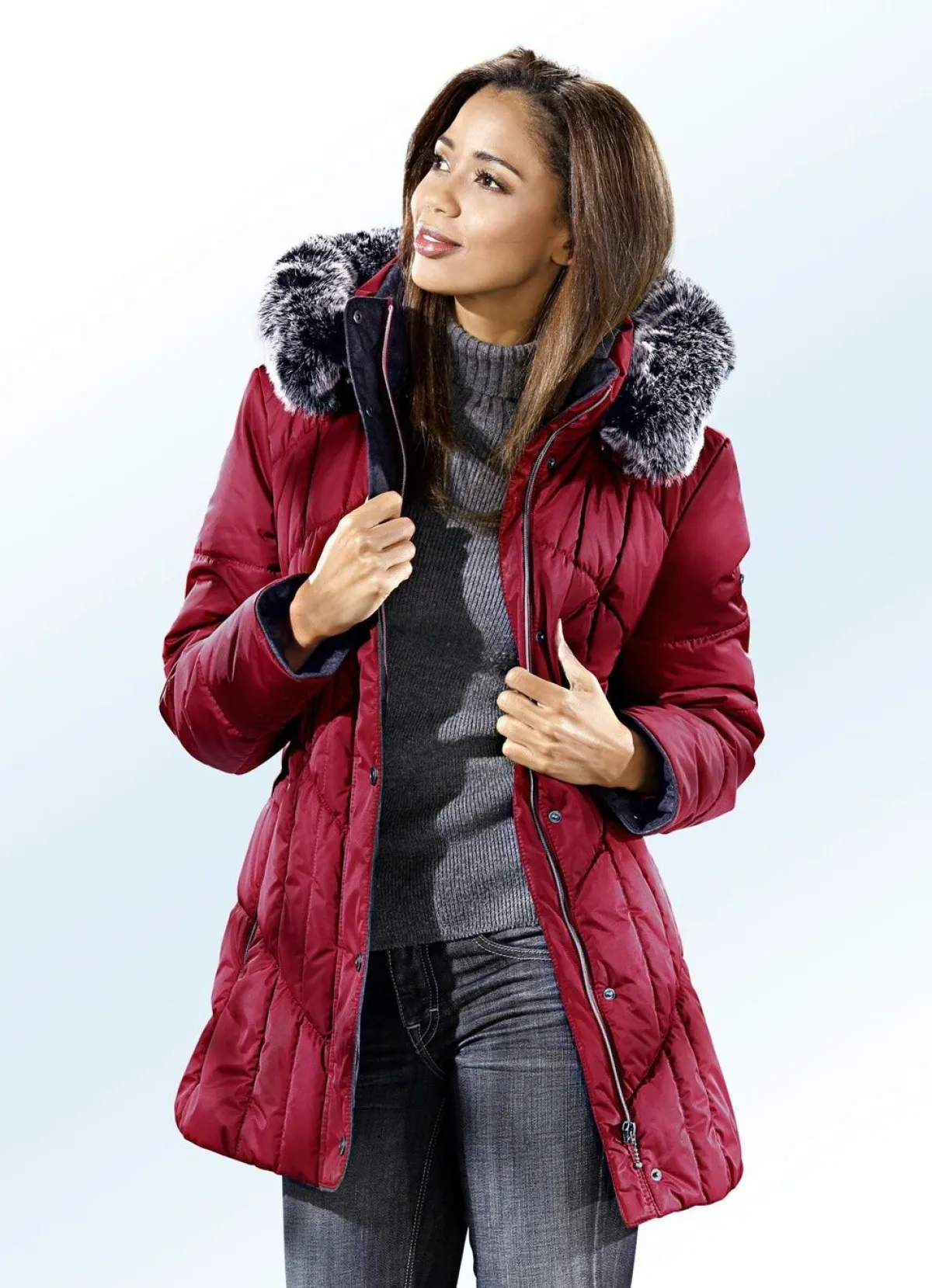 Sale BADER Funktionsjacke mit abnehmbarem Kunstpelz-Besatz KIRSCHROT