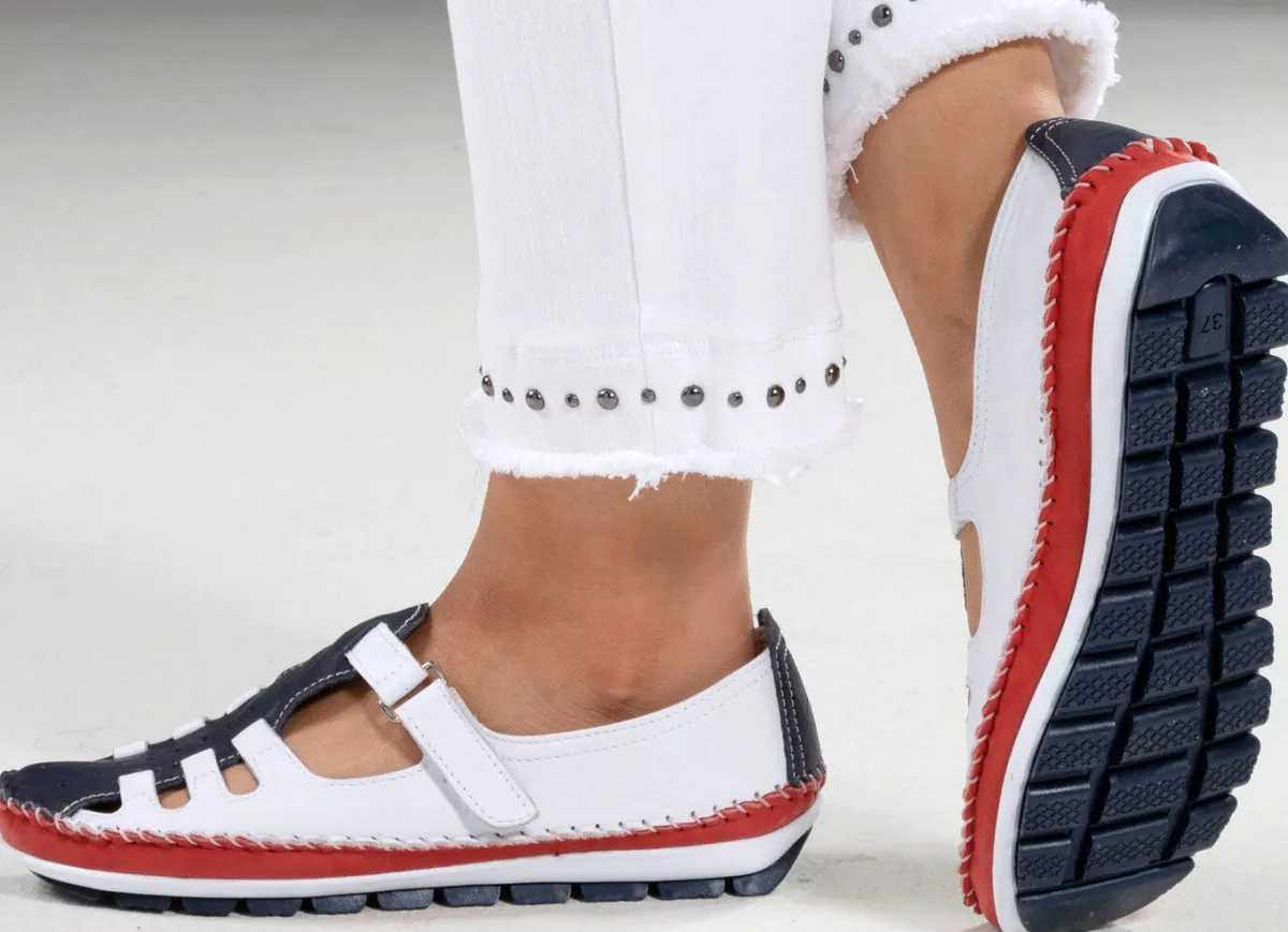 Gemini , klassische Damen-Slipper, Weite G, mit herausnehmbarem Fußbett WEISS-MARINE-ROT