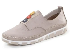 Online Gemini Slipper mit dezenter Knitter-Struktur und bunten Leder-Blüten KIESEL