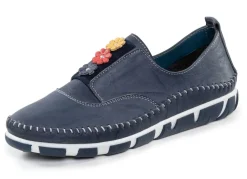 Hot Gemini Slipper mit dezenter Knitter-Struktur und bunten Leder-Blüten MARINE