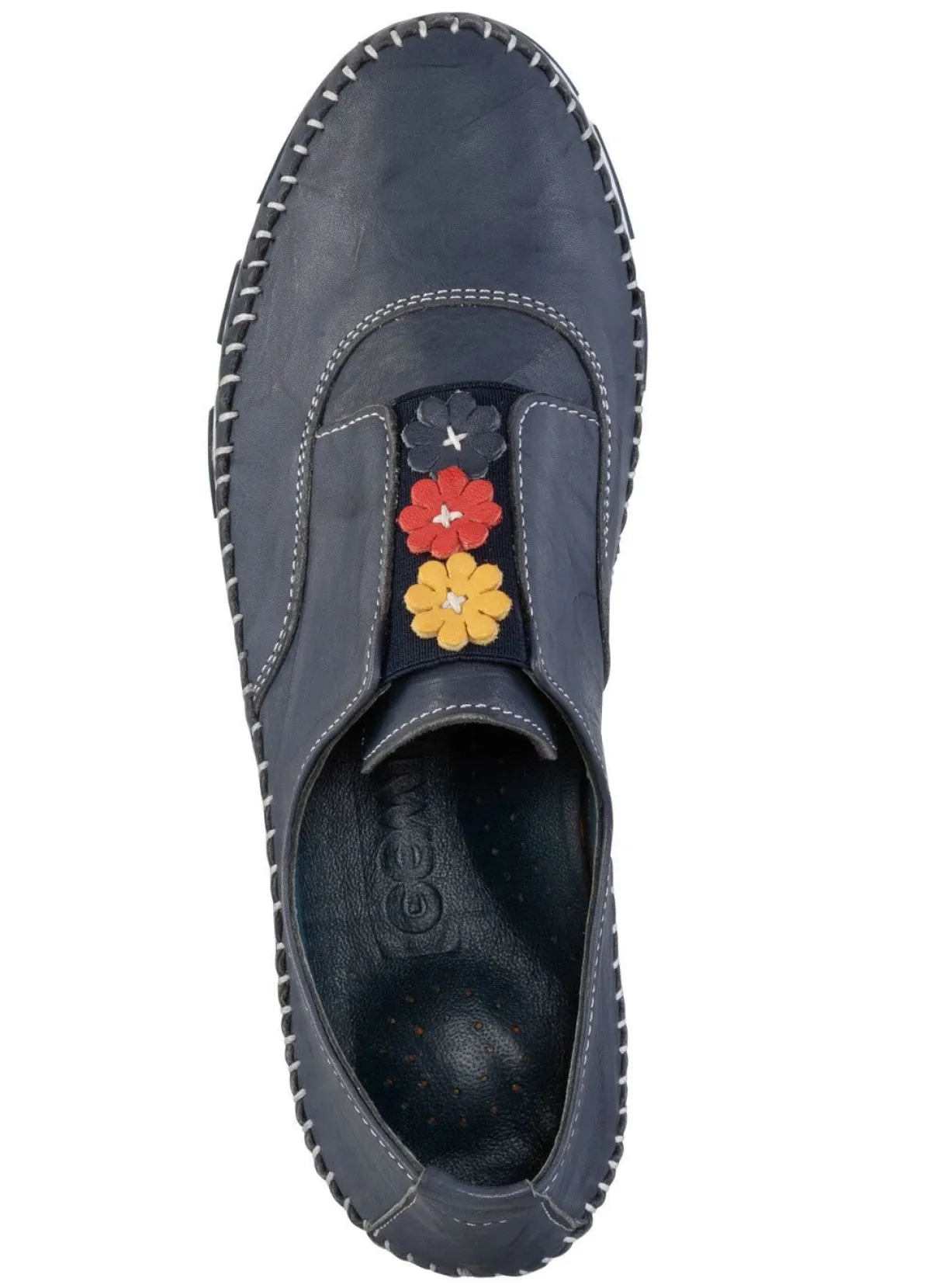 Hot Gemini Slipper mit dezenter Knitter-Struktur und bunten Leder-Blüten MARINE