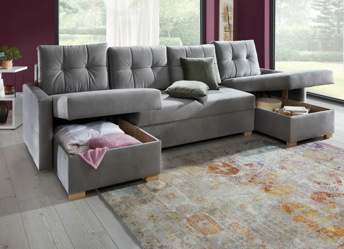 Sale BADER Gemütliche Wohnlandschaft mit Bettfunktion und 3 Bettkästen GRAU