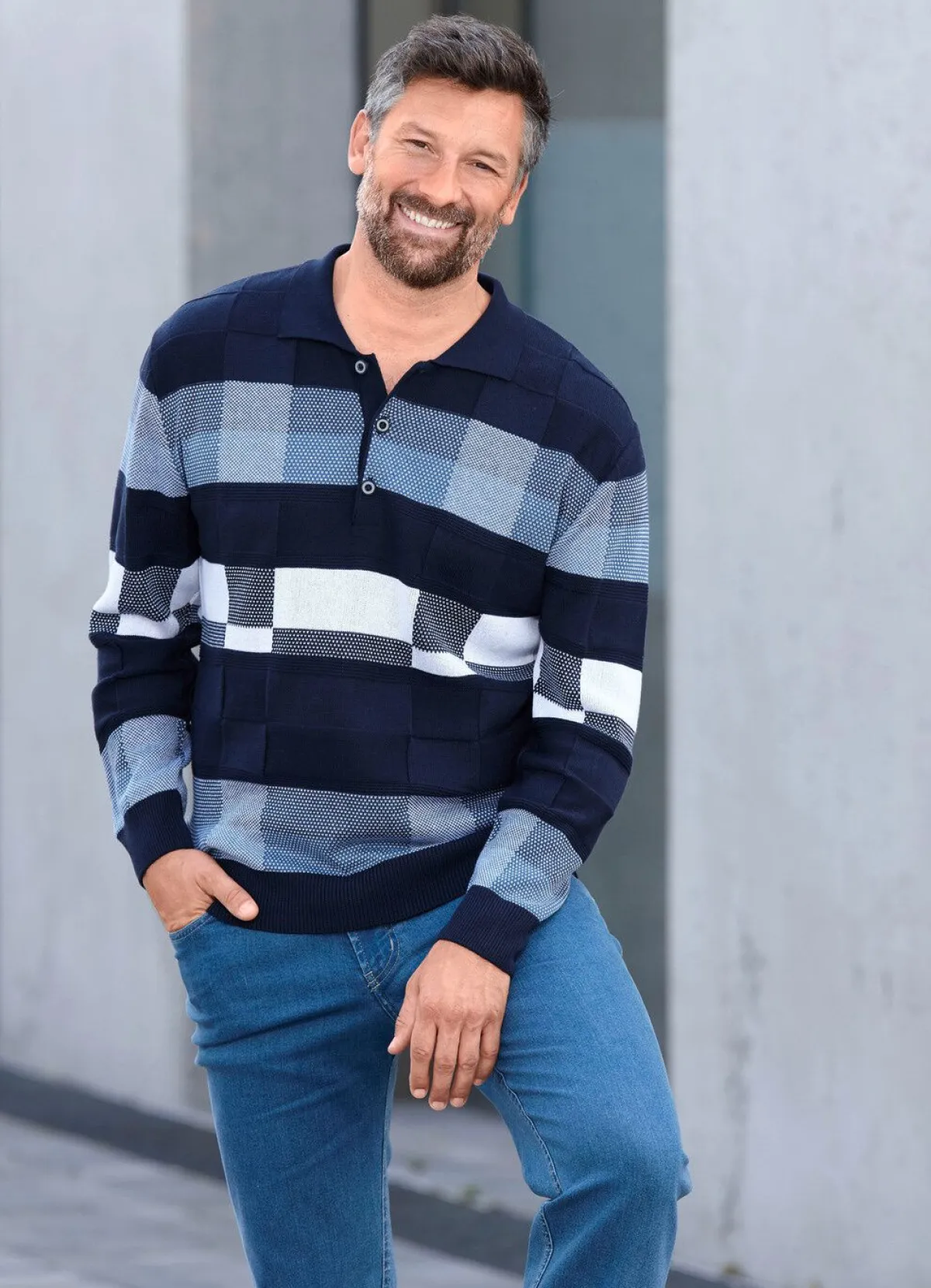 Discount BADER Gemusterter Polopullover in 2 Farben MARINE-BLAU