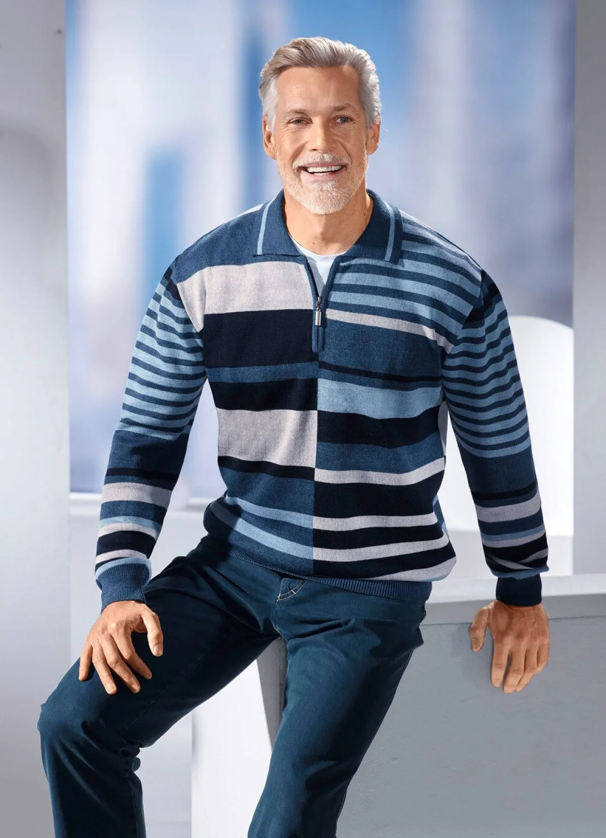 Outlet BADER Gestreifter Polopullover mit kurzem Reißverschluss JEANSBLAU-MARINE-ECRU