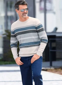 Clearance BADER Gestreifter Rundhalspullover NATUR-GRAU-JEANSBLAU GESTREIFT