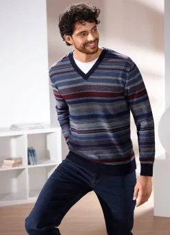 Best BADER Gestreifter V-Pullover in 2 Farben JEANSBLAU-BORDEAUX