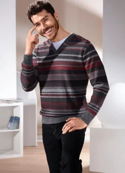 Outlet BADER Gestreifter V-Pullover in 2 Farben GRAU-ROT