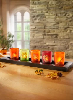 Discount BADER Glas-Teelichthalter mit Holzbrett BUNT
