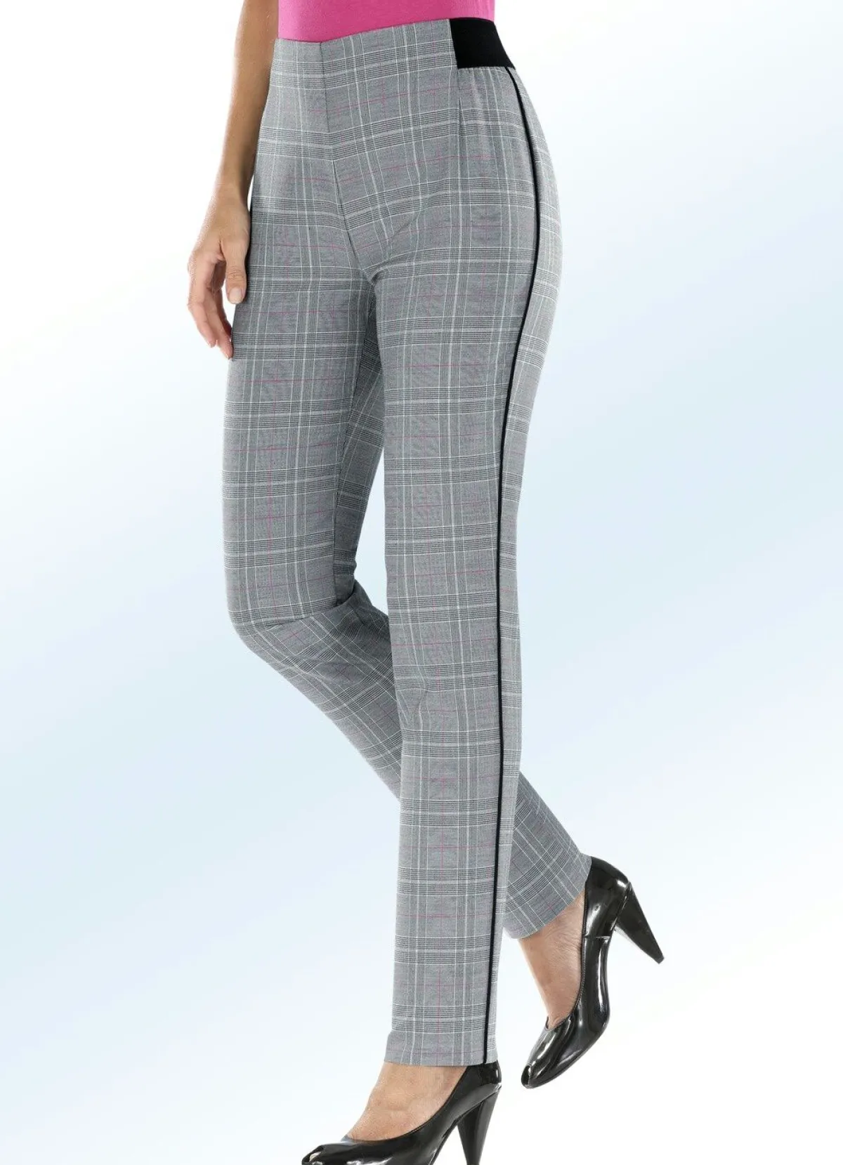 Outlet KLAUS MODELLE MADE IN GERMANY Glencheckhose mit spezieller Bundverarbeitung SCHW.-WEISS-PINK