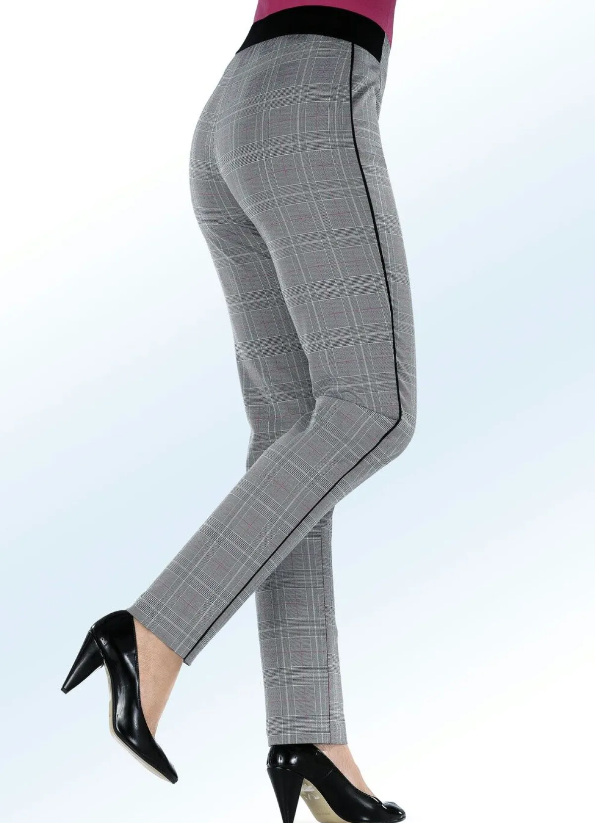 Outlet KLAUS MODELLE MADE IN GERMANY Glencheckhose mit spezieller Bundverarbeitung SCHW.-WEISS-PINK