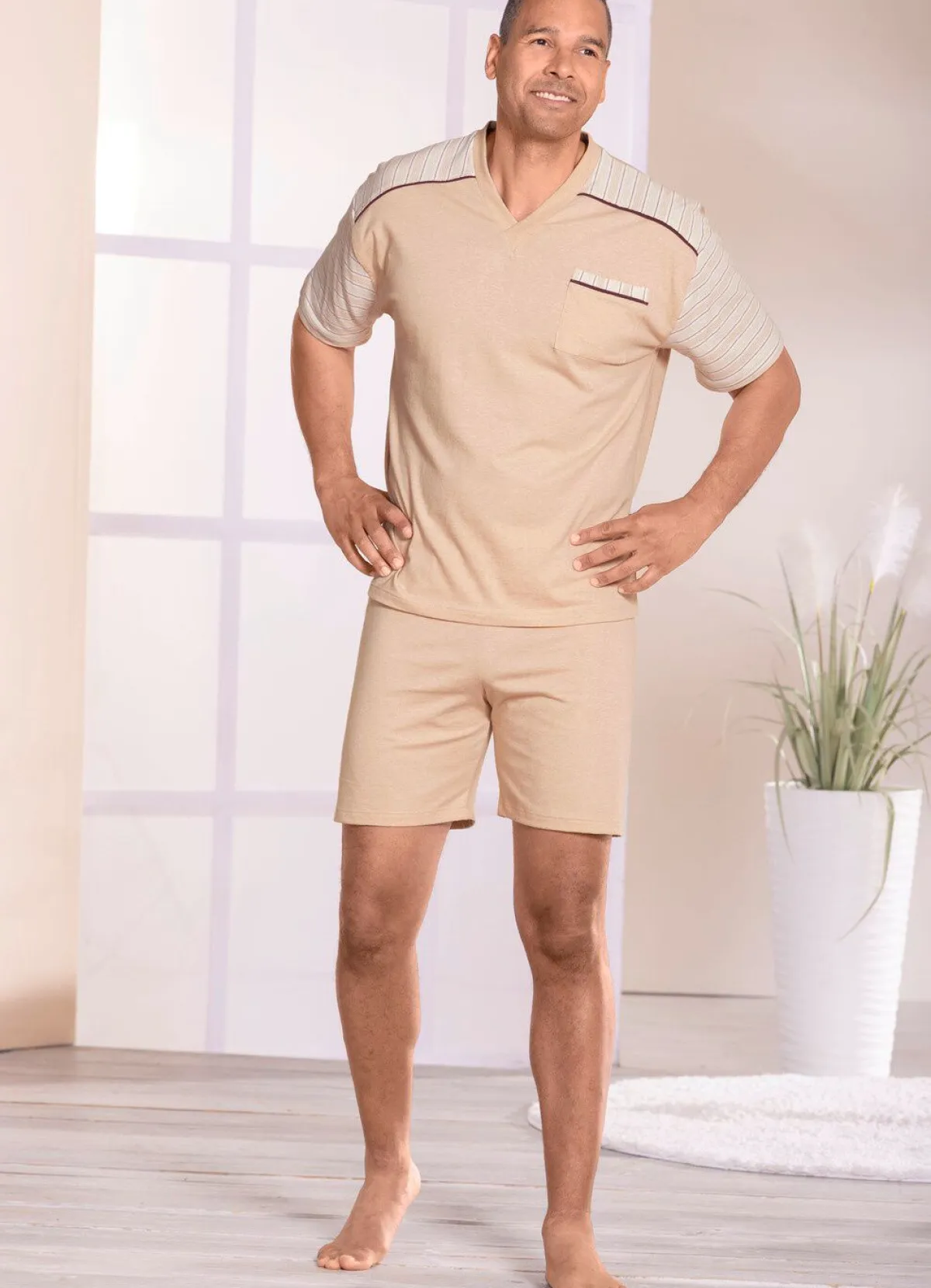 Discount GÖTTING Götting Shorty mit farbig gewachsener Baumwolle und V-Ausschnitt NATUR-BUNT