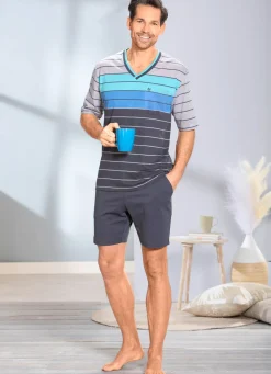 Outlet HAJO NACHTMODE Hajo Klima Komfort Shorty mit V-Ausschnitt und garngefärbtem Ringel GRAFIT-GRAU-BLAU