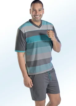 Discount HAJO NACHTMODE Hajo Klima Komfort Shorty mit V-Ausschnitt und garngefärbtem Ringeldessin GRAU-TUERKIS