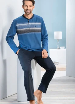 Best HAJO NACHTMODE Hajo-Schlafanzug mit Knopfleiste und offenen Abschlüssen BLAU-NAVY-BUNT