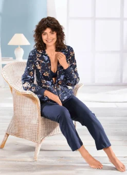 Best COMTESSA Hausanzug mit Blumen-Blätter-Druck MARINE-BRAUN-HELLBLAU-BUNT