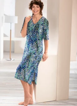 Outlet BADER Hauskleid in Schlupfform BLAU-SALBEI-ECRU-BUNT