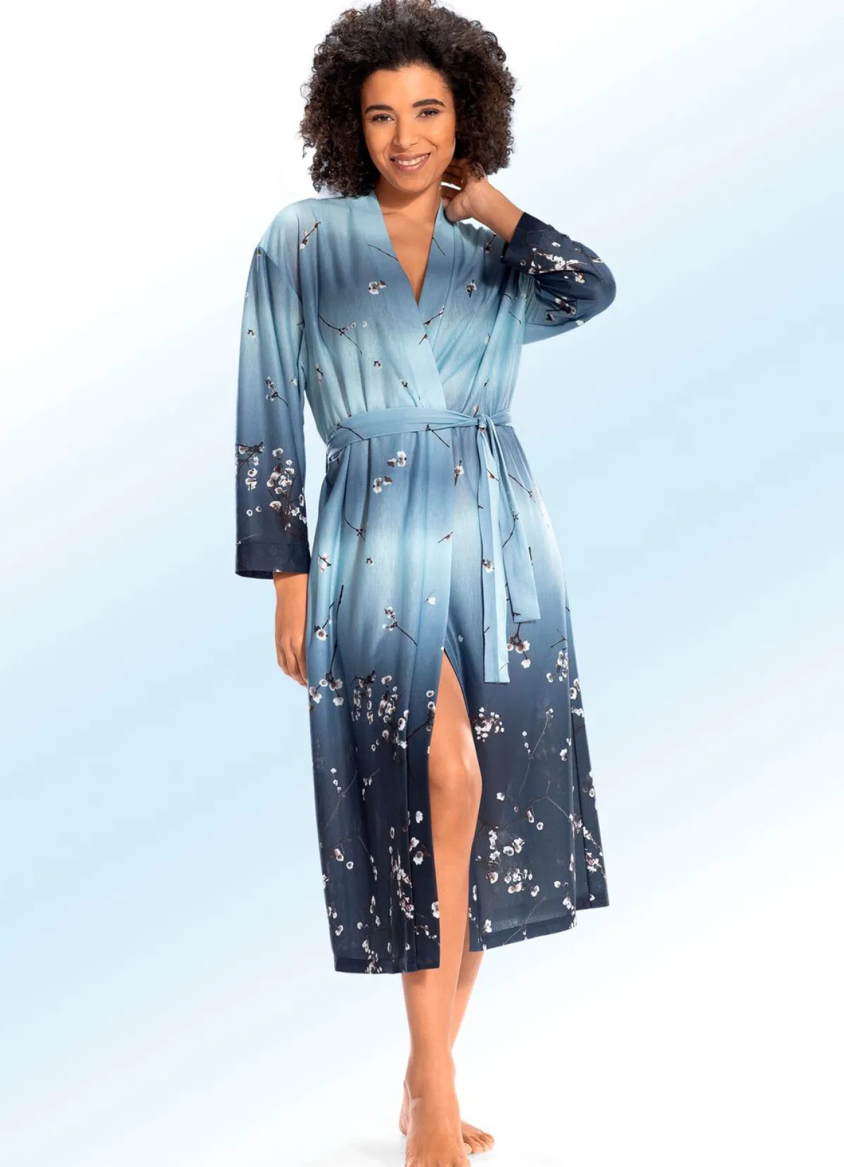 Hot PLANTIER Hausmantel in Kimono-Form RAUCHBLAU-BUNT