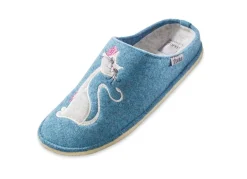 New BADER Hausschuh mit farblich abgestimmter Katzen-Applikation JEANSBLAU