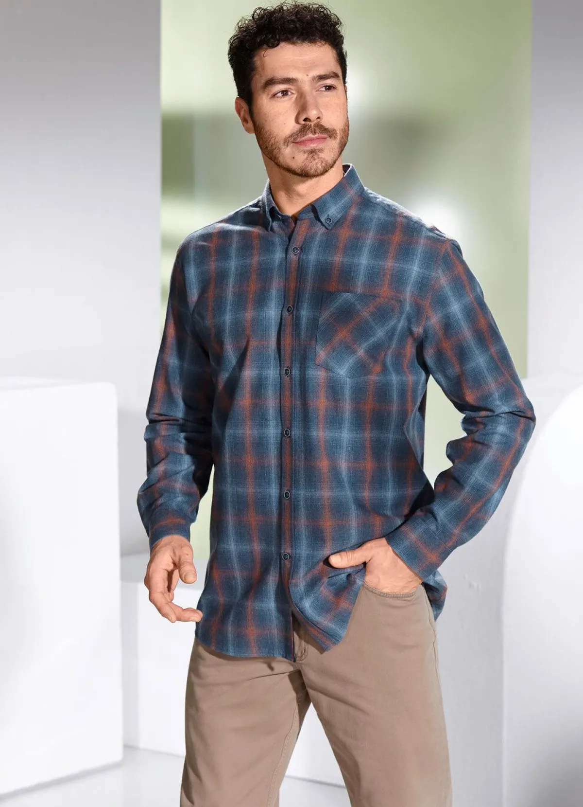 Best BADER Hemd mit Button-Down-Kragen JEANSBLAU-TERRAKOTTA KARIERT
