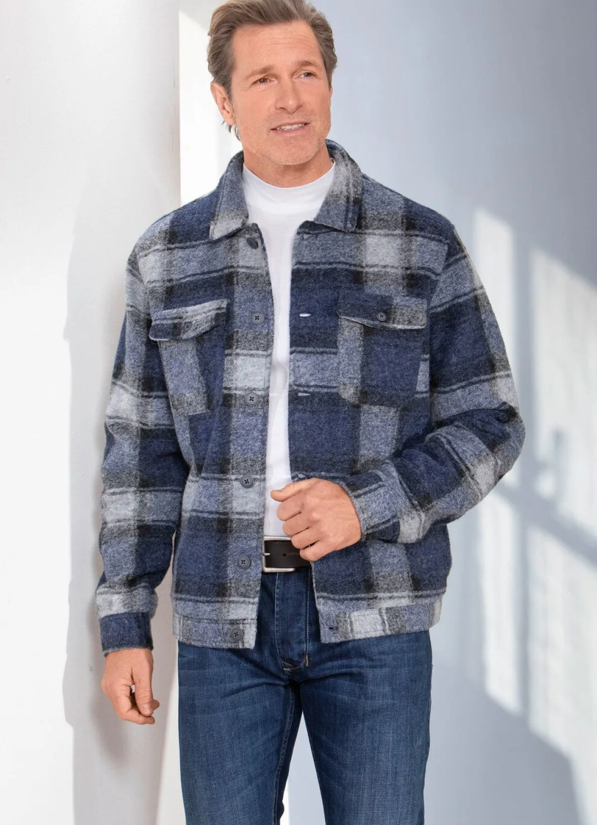 BADER Hemdjacke mit Knopfleiste GRAU-ROYALBLAU