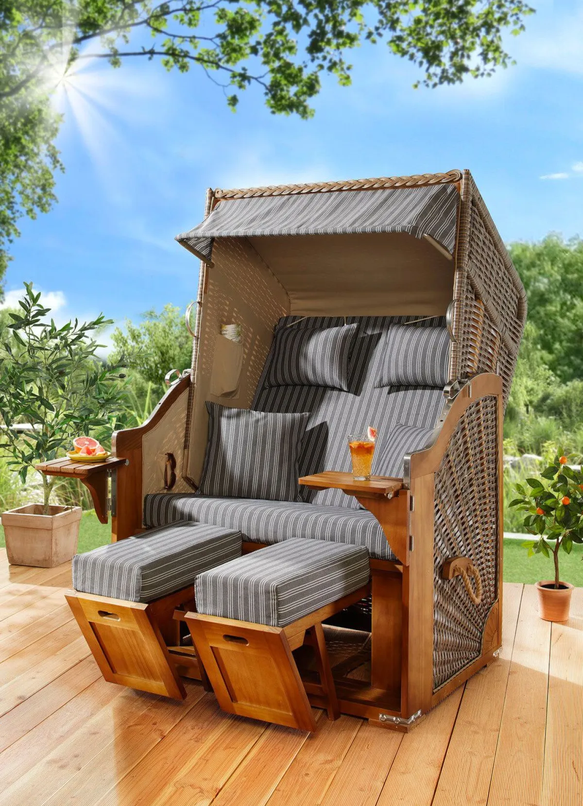 New BADER Hochwertiger Strandkorb Flair aus Pinienholz GRAU