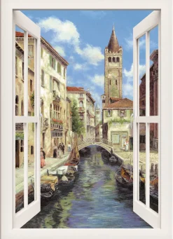 BADER Hochwertiges Leinwandbild Venedig – mit weißem Fenster WEISS-BLAU