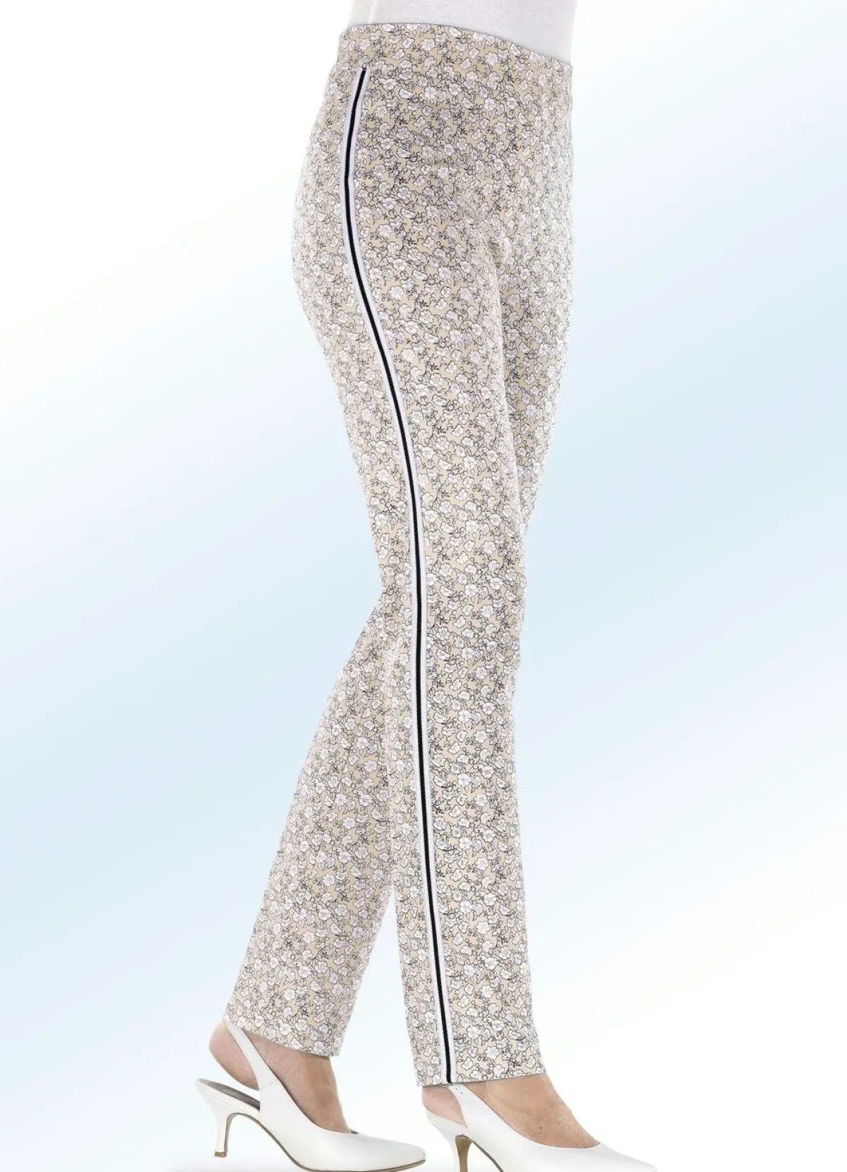 Sale ELENA EDEN Hose mit aparter Floral-Dessinierung und effektvollem Zierband BEIGE-WEISS