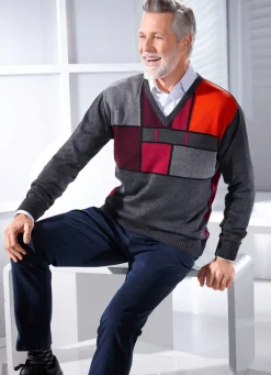 Best BADER Interessanter V-Pullover mit Grafikmuster ANTHRAZIT-BORDEAUX-TERRAKOTTA