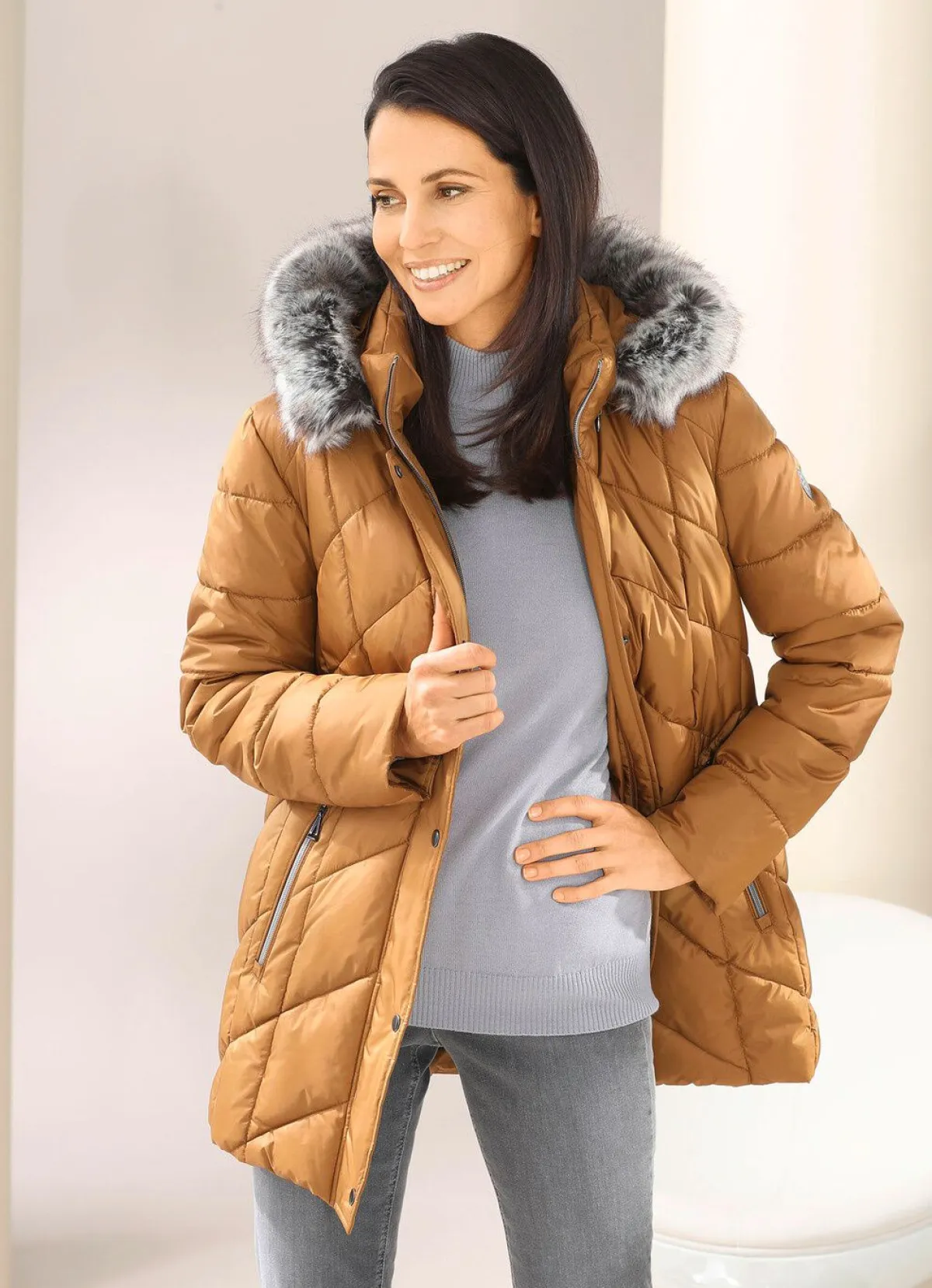 Outlet BADER Jacke mit abnehmbarem Kunstpelz-Besatz KARAMELL