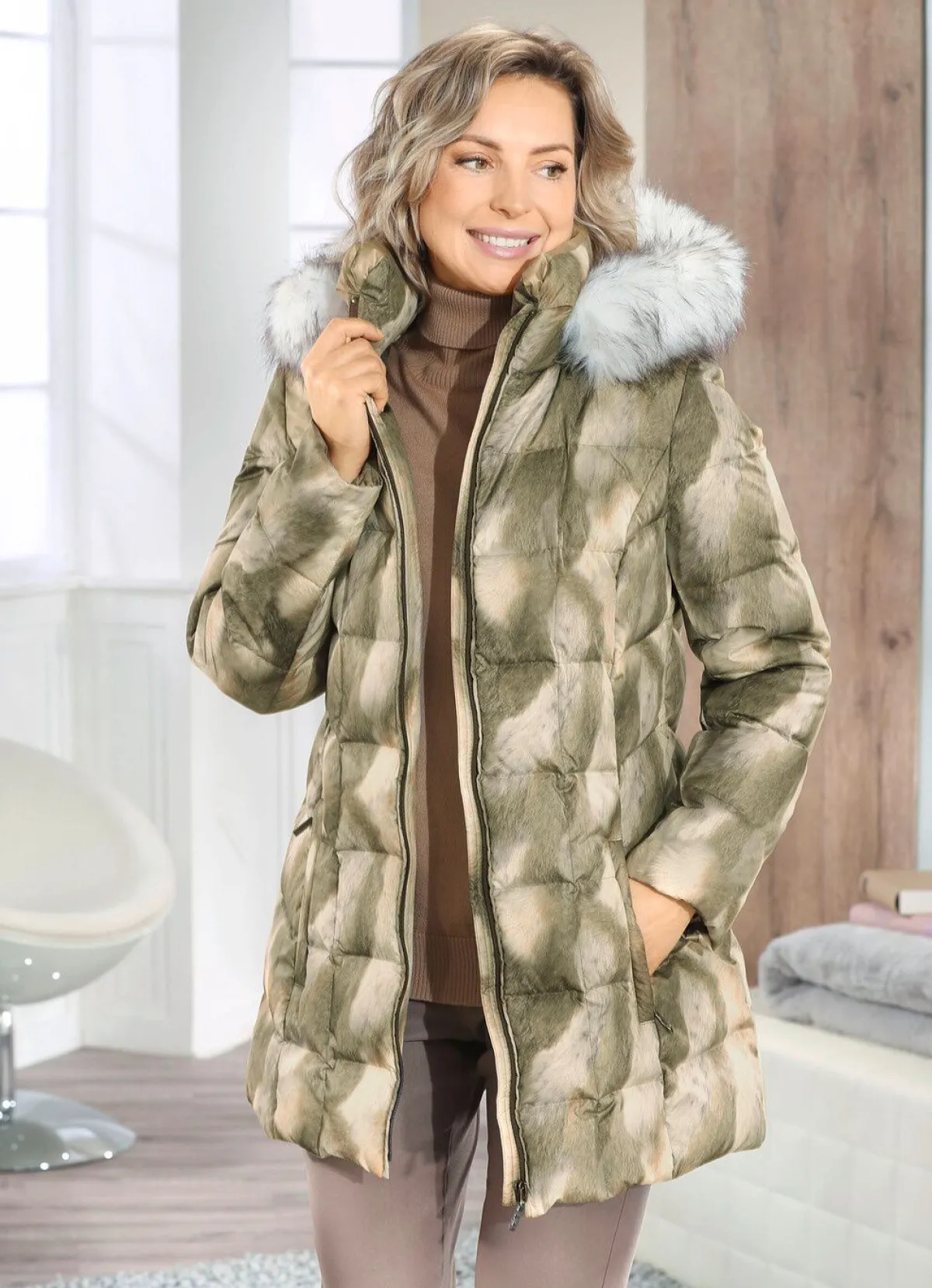 Outlet BADER Jacke mit Dessin in Kunstpelz-Optik GRÜN-CREME