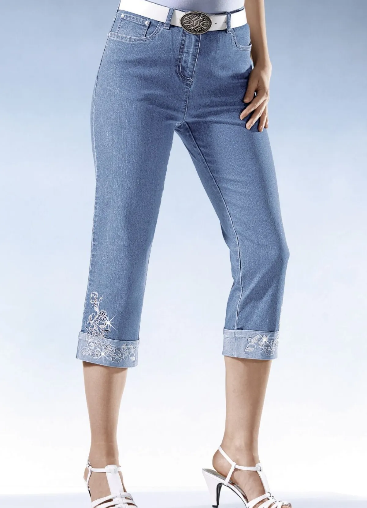 BADER 7/8-Jeans mit floraler Stickerei HELLBLAU