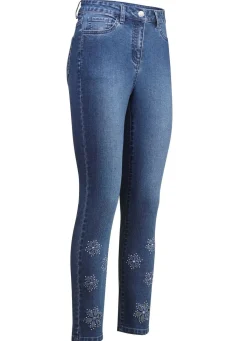 Discount BADER Jeans mit floralen Lochstickereien und Strasssteinchen JEANSBLAU