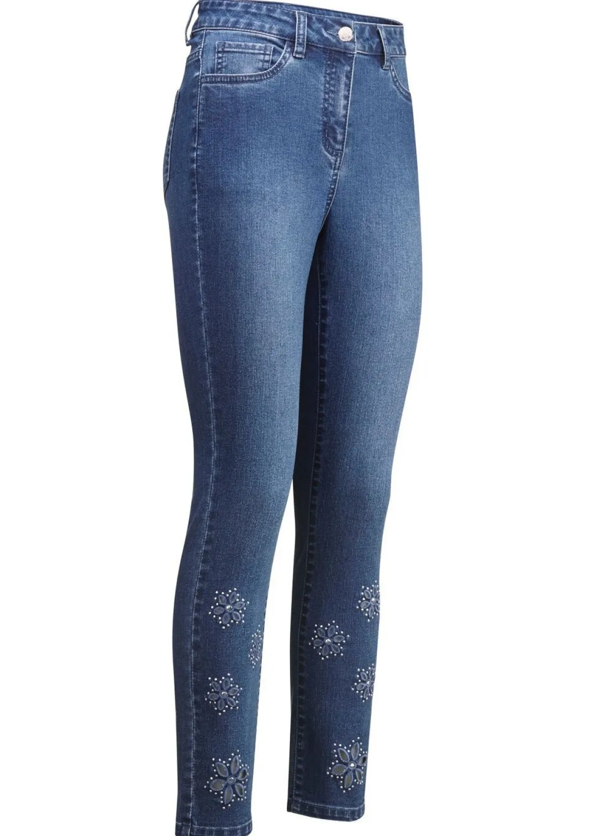 Discount BADER Jeans mit floralen Lochstickereien und Strasssteinchen JEANSBLAU