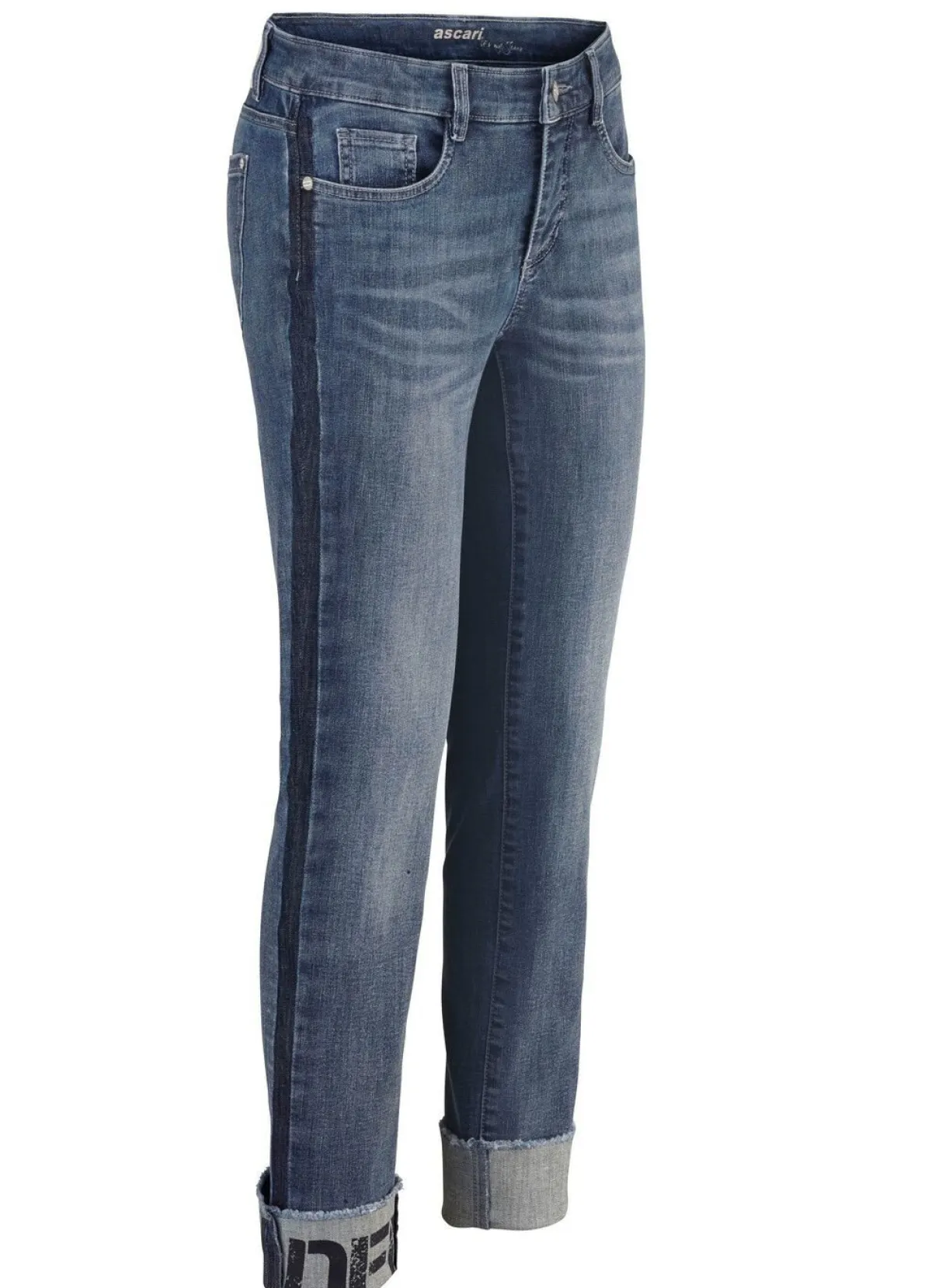 New ASCARI Jeans mit Fransensaum und Schriftzug auf einem Bein JEANSBLAU